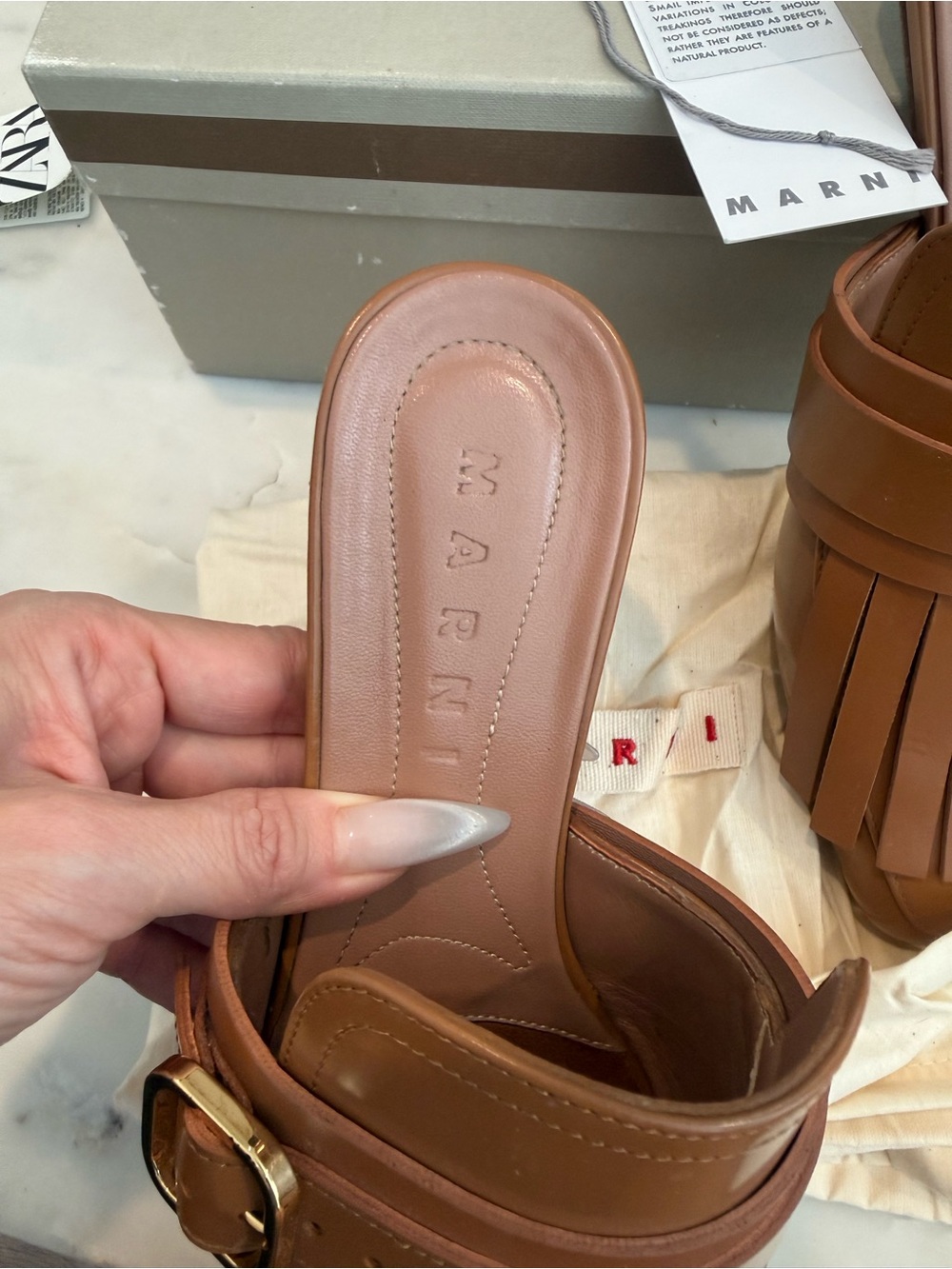 Marni Brown Leather Fringe Mule with Gold Buckle - Picture 3 of 5